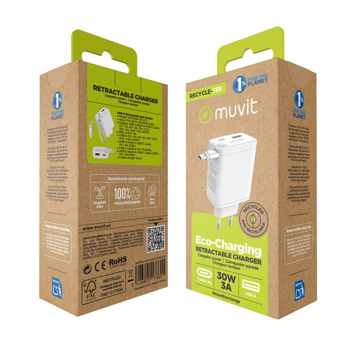 muvit for change cargador de pared Retráctil Tipo C PD 30W blanco