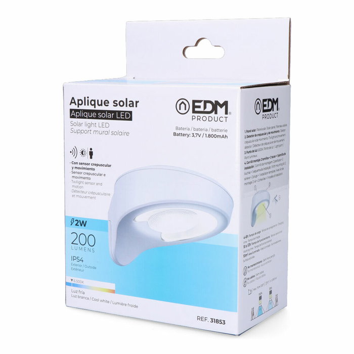 Edm Aplique Solar Blanco 2W 200lm 6500K con Sensor Edm Aplique Solar Blanco 2W 200lm 6500K con Sensor