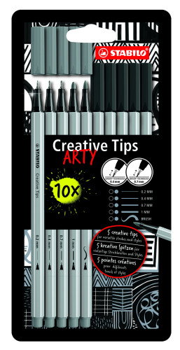 STABILO Creative Tips Arty Line Estuche de 10 Rotuladores Negro y Gris con 5 Puntas Diferentes STABILO Creative Tips Arty Line Estuche de 10 Rotuladores Negro y Gris con 5 Puntas Diferentes