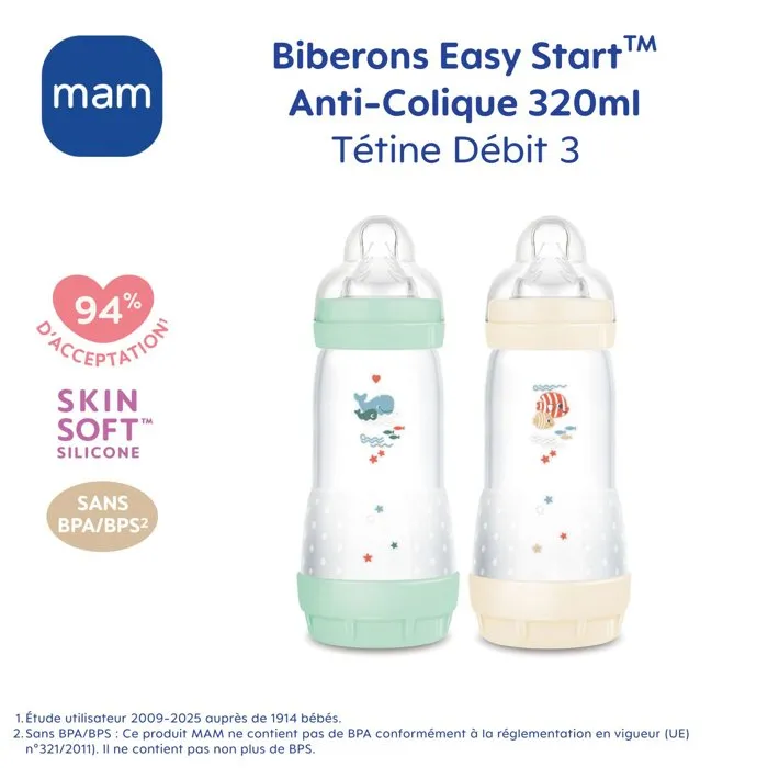 Mam 9001616836411 Juego de 2 Biberones Easy Start Clásico Anticolico 320 ml Caudal 3 Tetinas Menta