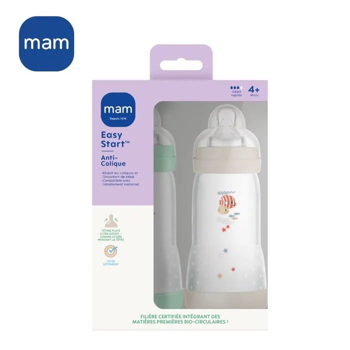 Mam 9001616836411 Juego de 2 Biberones Easy Start Clásico Anticolico 320 ml Caudal 3 Tetinas Menta
