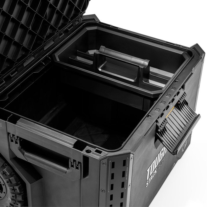 Toughbuilt Caja de Herramientas con Ruedas Stacktech, 53 x 40.5 x 40 cm, Mango Telescópico, 2 Ruedas Todo Terreno, Capacidad 113 kg, Modular y Apilable, IP65, Polímero y Acero