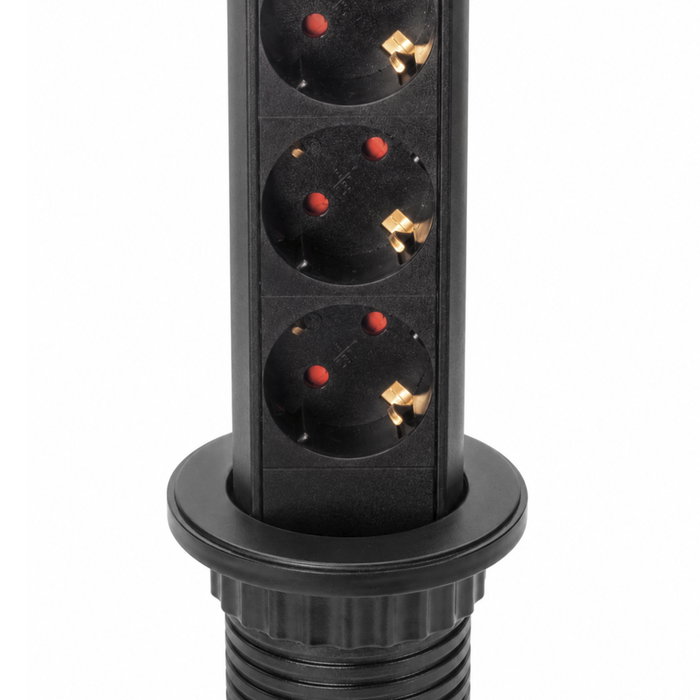 Emuca Multiconector Vertikal con 3 Enchufes Schuko, 1 USB A y 2 USB C, Negro