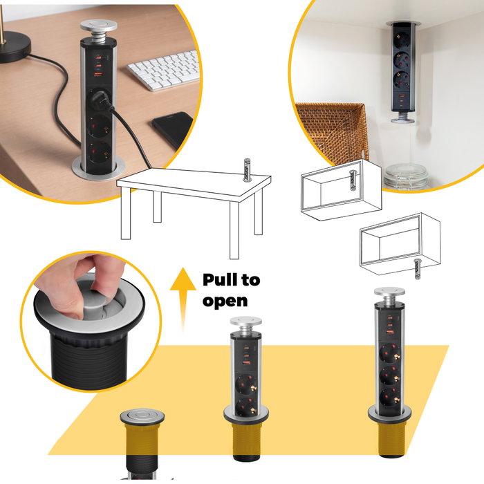 Emuca Multiconector Vertikal con 3 Enchufes Schuko, 1 USB A y 2 USB C, Negro