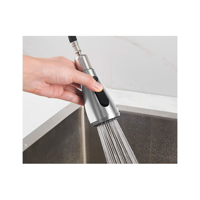 Verhal Grifo Monomando de Cocina Trazo, Caño Alto Giratorio y Ducha Extraíble con Pulsador, Plateado Cepillado en Acero Inoxidable 304, Incluye Conexiones Flexibles