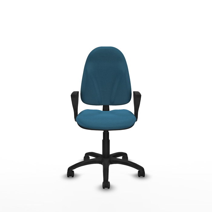 Silla de oficina Algarra con mecanismo Contacto permanente básico tapizada con Tela color Verde petróleo. Equipada con Base poliamida negra, Brazos fijos y Ruedas autofrenantes