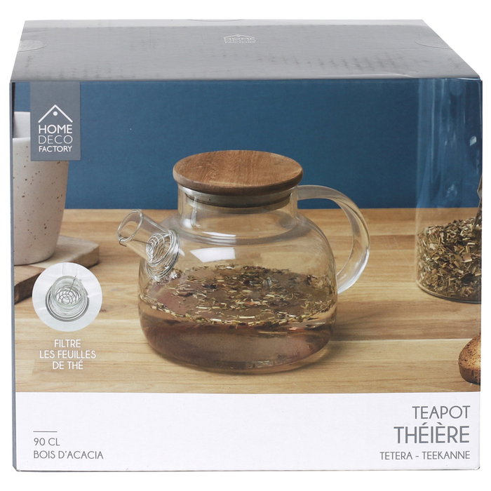 Home Deco Factory Tetera de Vidrio Borosilicatado con Tapa de Acacia y Filtro, 900 ml - Colección Cocooning