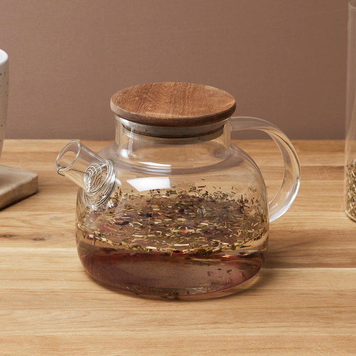 Home Deco Factory Tetera de Vidrio Borosilicatado con Tapa de Acacia y Filtro, 900 ml - Colección Cocooning