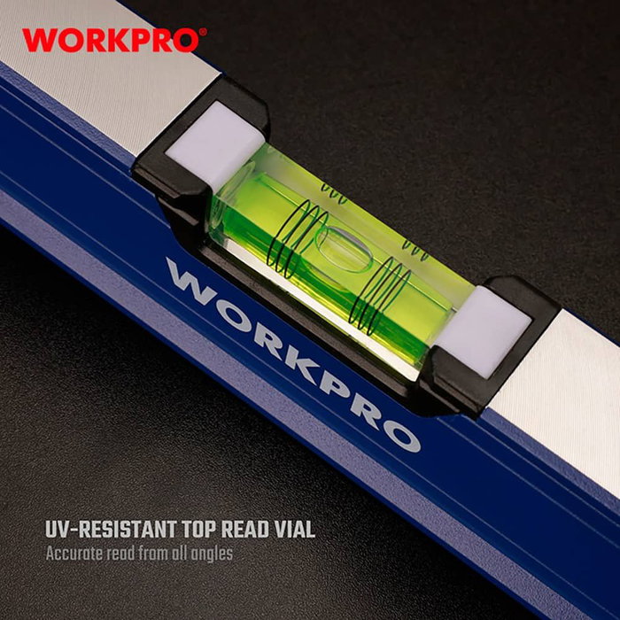 Workpro Nivel de Burbuja Profesional de Aluminio 90 cm con Base Magnética, 3 Viales (45°/90°/180°), Precisión 0.5 mm/m