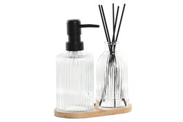 DKD Home Decor Set de Baño de 3 Piezas de Cristal y Bambú