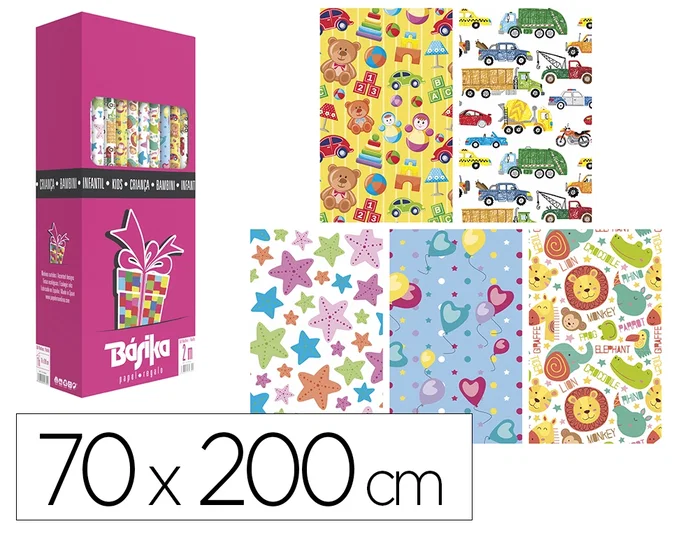 BASIKA Papel de regalo infantil diseños surtidos caja de 50 rollos (70x200 cm) BASIKA Papel de regalo infantil diseños surtidos caja de 50 rollos (70x200 cm)
