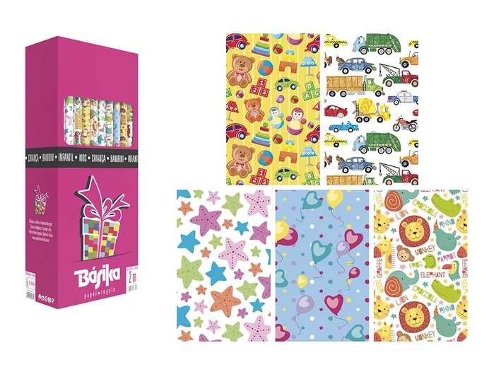 BASIKA Papel de regalo infantil diseños surtidos caja de 50 rollos (70x200 cm) BASIKA Papel de regalo infantil diseños surtidos caja de 50 rollos (70x200 cm)