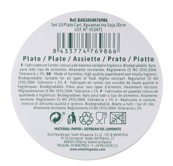 Algon Set 10 Platos Cartón Aguamarina 21 cm (24 Unidades)