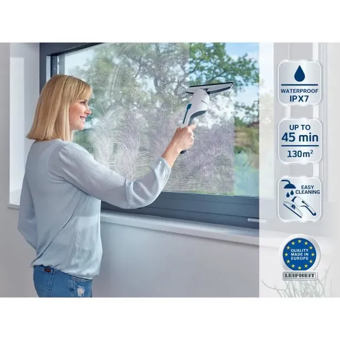 Leifheit 51030 Juego Aspirador de Ventanas Nemo, Depósito 60ml, Autonomía 45min, IPX7, Resistente al Agua