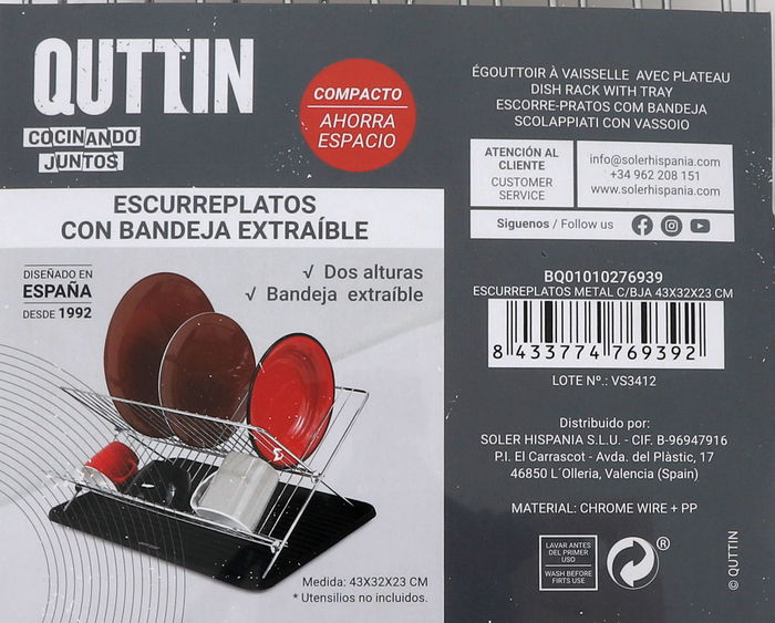 Quttin Escurreplatos de Metal con Bandeja 43 x 32 x 23 cm (6 Unidades)