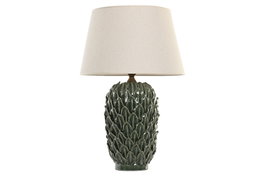 DKD Home Decor Lámpara de Sobremesa de Porcelana y Lino con Hojas Blanco y Verde