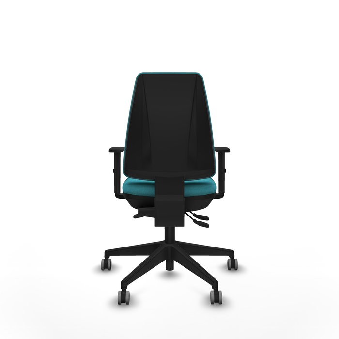 Silla de oficina Elche con mecanismo Asincro tapizada con Tela color Turquesa. Equipada con Base piramidal negra, Brazos 1D y Ruedas 65 mm parqué