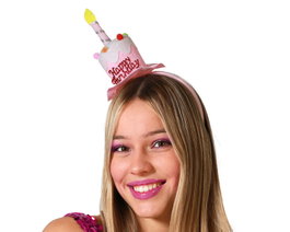 Diadema para Fiesta Tarta de Cumpleaños Rosa con Vela y Decoración - Accesorio para Photocall, Fiestas Infantiles y Adultas