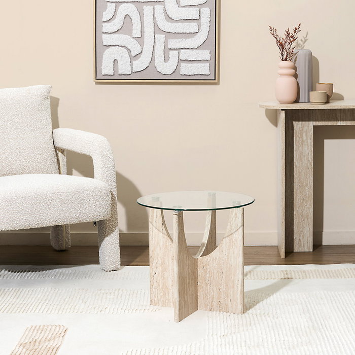 Home Deco Factory Mesa Auxiliar de Centro Terra Nova con Vidrio Templado Pietra, Patas de MDF, Diámetro 45 cm x Altura 43 cm Home Deco Factory Mesa Auxiliar de Centro Terra Nova con Vidrio Templado Pietra, Patas de MDF, Diámetro 45 cm x Altura 43 cm