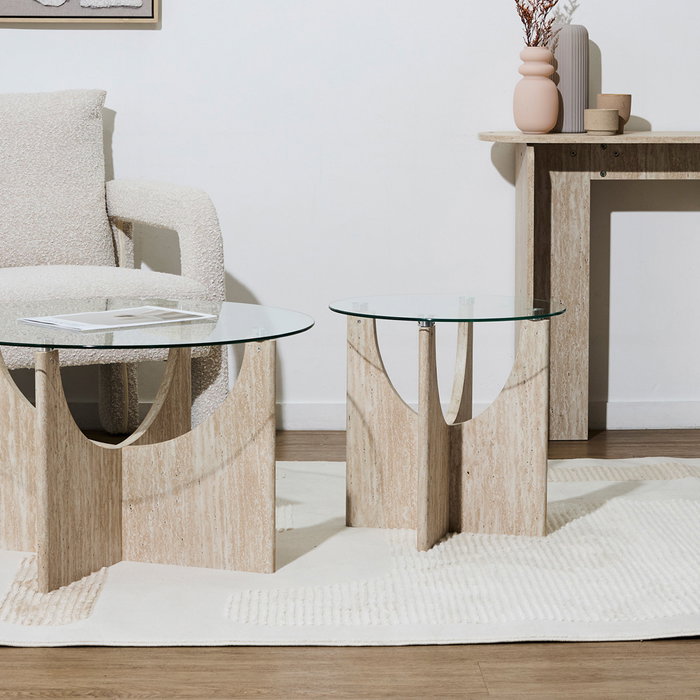 Home Deco Factory Mesa Auxiliar de Centro Terra Nova con Vidrio Templado Pietra, Patas de MDF, Diámetro 45 cm x Altura 43 cm Home Deco Factory Mesa Auxiliar de Centro Terra Nova con Vidrio Templado Pietra, Patas de MDF, Diámetro 45 cm x Altura 43 cm