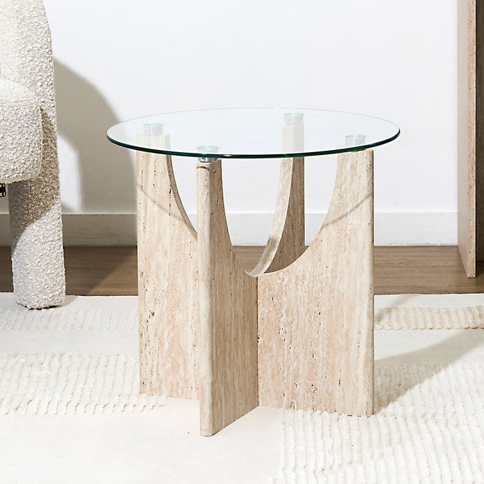 Home Deco Factory Mesa Auxiliar de Centro Terra Nova con Vidrio Templado Pietra, Patas de MDF, Diámetro 45 cm x Altura 43 cm Home Deco Factory Mesa Auxiliar de Centro Terra Nova con Vidrio Templado Pietra, Patas de MDF, Diámetro 45 cm x Altura 43 cm