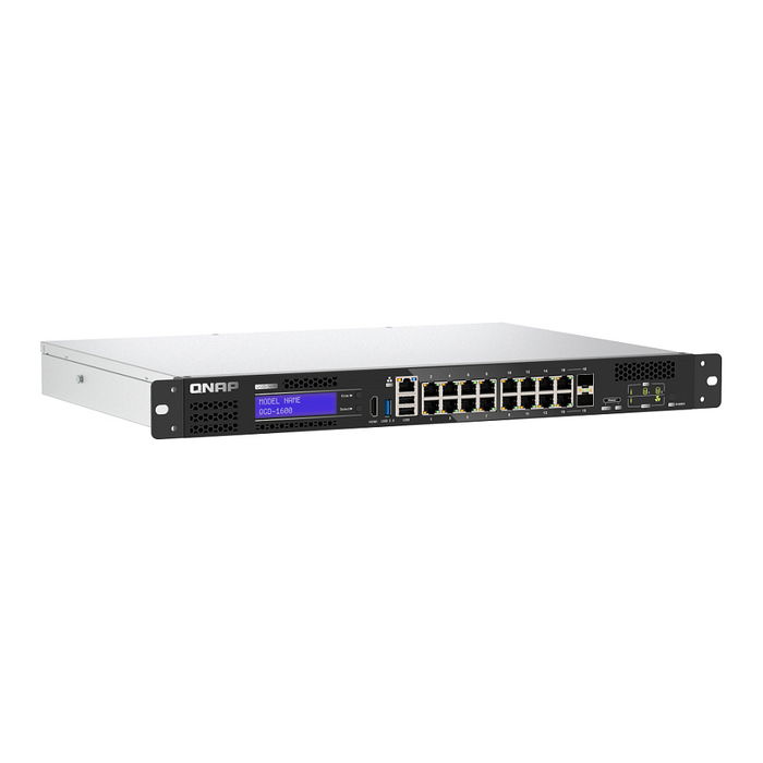 QNAP Switch Gestionado QGD-1600, 16 Puertos Gigabit PoE, 14 x 10/100/1000 PoE+ y 2 x SFP, Montaje Rack 1U, Interruptor de Red Inteligente