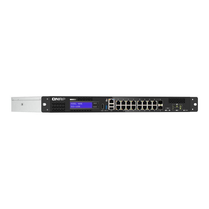QNAP Switch Gestionado QGD-1600, 16 Puertos Gigabit PoE, 14 x 10/100/1000 PoE+ y 2 x SFP, Montaje Rack 1U, Interruptor de Red Inteligente