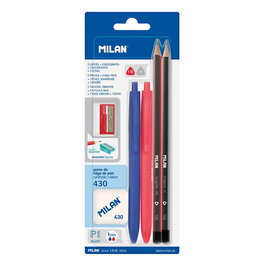 Milán Blister con 2 Bolígrafos P1 (Azul/Rojo), 2 Lápices Grafito HB y H, Goma 430 y Sacapuntas - Colores/Modelos Surtidos