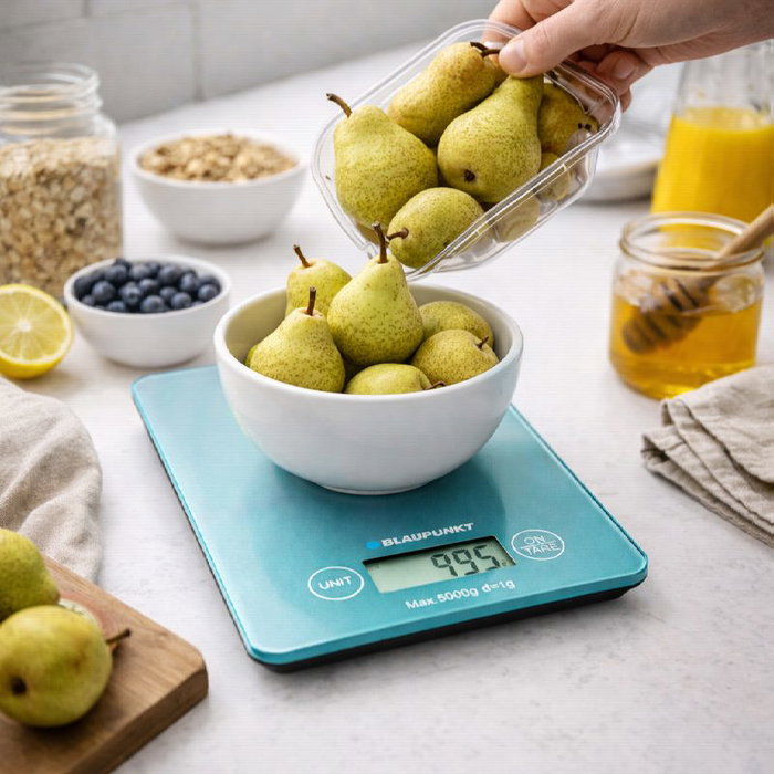 Blaupunkt Báscula de Cocina Digital 5 kg, Pantalla LCD, Superficie de Cristal Templado