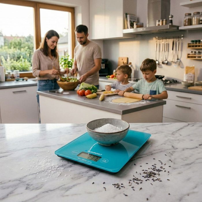 Blaupunkt Báscula de Cocina Digital 5 kg, Pantalla LCD, Superficie de Cristal Templado