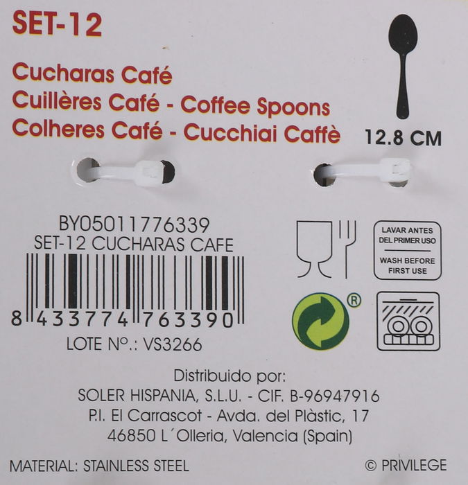 Privilege Set 12 Cucharas de Café Privilege Acero Inoxidable 17,5 cm x 8,5 cm x 2 cm (24 Unidades)