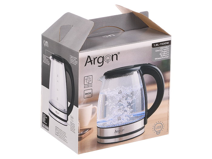 Argon Hervidor Acero Borosilicato LED 1.8 L Transparente Negro Plata 22x23.5x16cm (Set de 6)