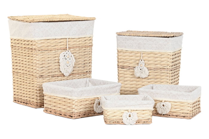 DKD Home Decor Set de 5 Cestas para la Ropa de Mimbre y Poliéster Natural DKD Home Decor Set de 5 Cestas para la Ropa de Mimbre y Poliéster Natural