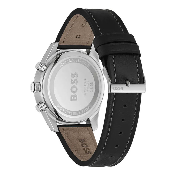 Boss 1514147 con correa de cuero negra y caja gris