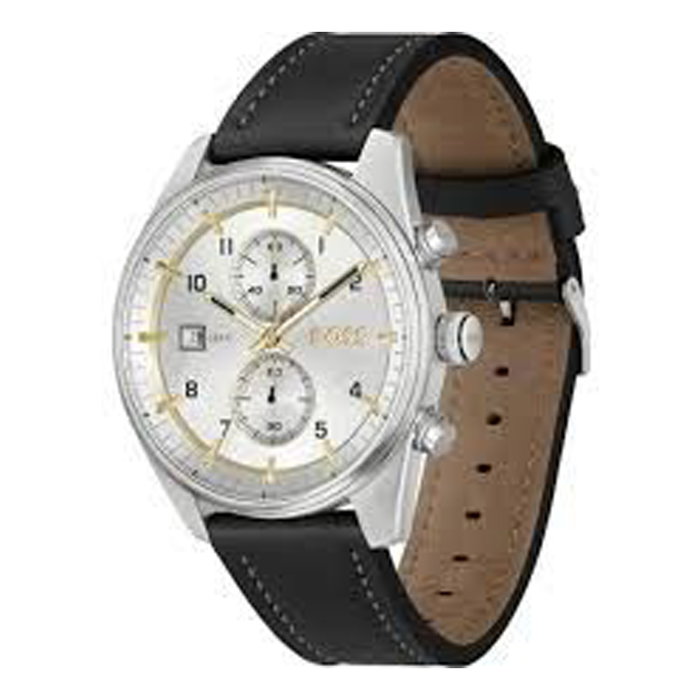 Boss 1514147 con correa de cuero negra y caja gris