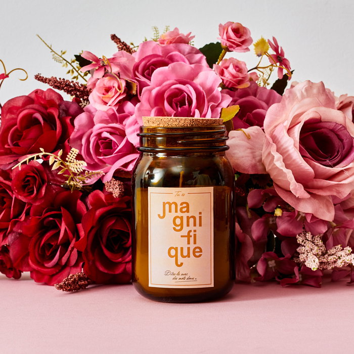 Home Deco Factory Tarro con Vela Perfumada Bougie Magnolia, Jazmín, Almendra en Tarro de Vidrio con Tapa de Corcho Cera Parafina 260g