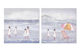 DKD Home Decor Cuadro Lienzo y MDF Azul Blanco Niños Playa 80 x 80 cm (2 Unidades)