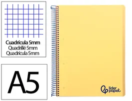 Liderpapel Cuaderno espiral A5 micro wonder tapa plástico 120h 90gr cuadro 5mm 5 bandas 6 taladros color amarillo