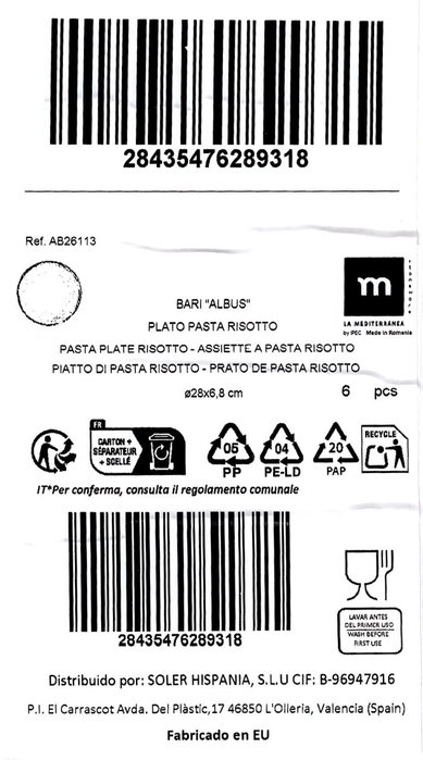 La Mediterranea Plato Pasta Risotto Albus Ø28 cm (6 Unidades)积累