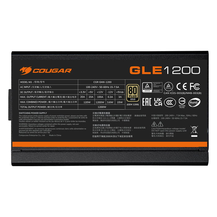 Cougar CGRGLE-1000 Fuente de Alimentación 1000W ATX 3.1 80 Plus Gold Modular para PC