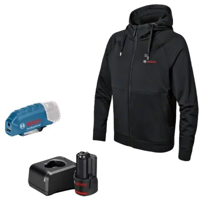 Bosch Professional Camisa Calefactable con 3 Zonas de Calor, Talla XL, para Baterías GHH 12+18V, GAA 12V-21, GBA 12V 2.0Ah, GAL 12V-20, Incluye Capucha y Puerto USB