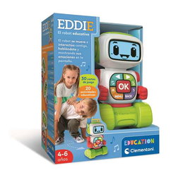 Clementoni Robot Educativo Eddie, Pantalla LCD para Enseñar Letras, Números y Emociones, 20x25x10,5 cm