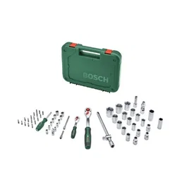 Bosch BOS4053423254150 Juego de trinquete de 57 piezas 1/4 + 1/2 con 55 accesorios de alto torque y estuche de transporte suave