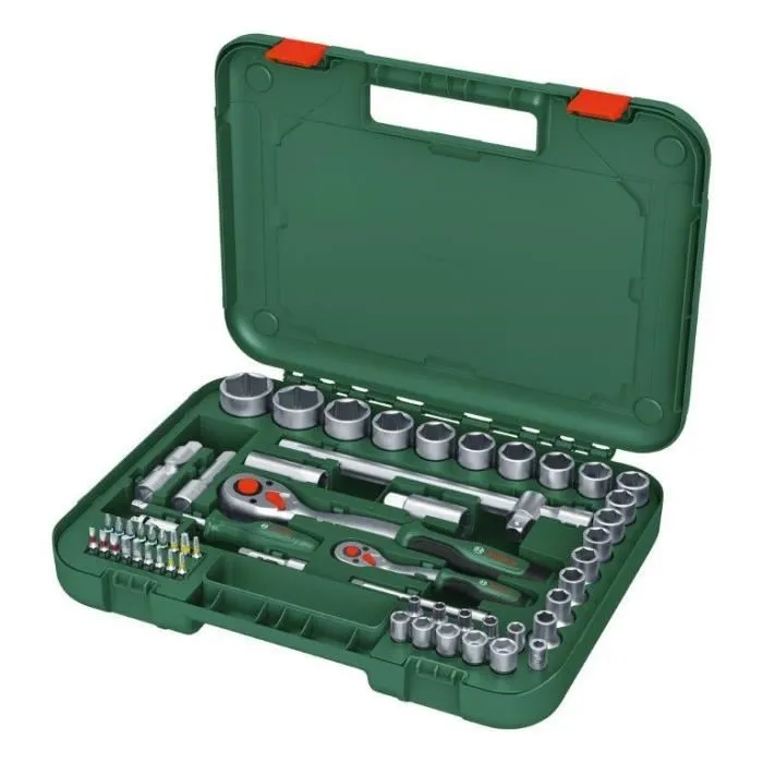 Bosch BOS4053423254150 Juego de trinquete de 57 piezas 1/4 + 1/2 con 55 accesorios de alto torque y estuche de transporte suave