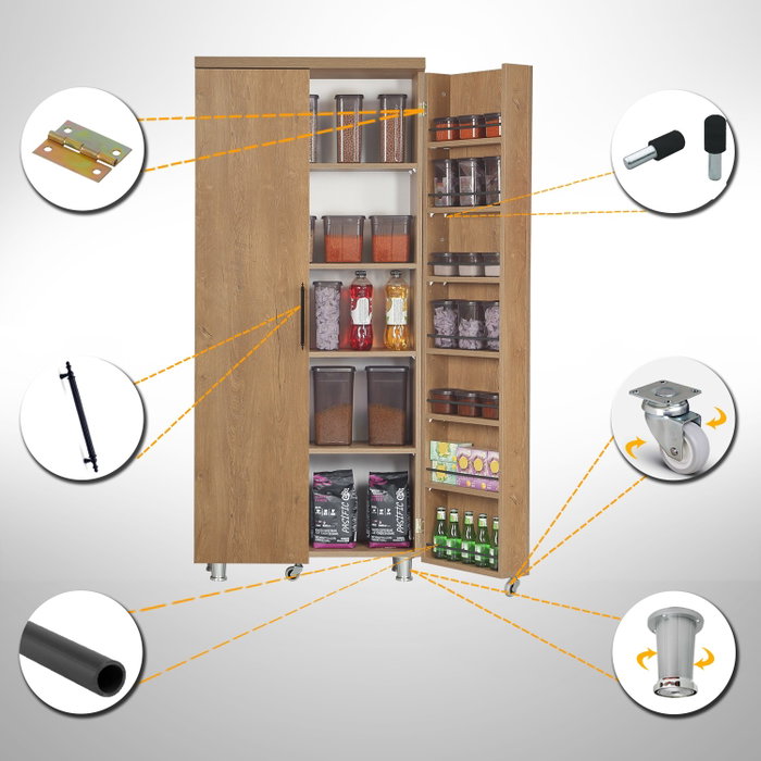 Hanah Home Guzzo Armario Multiusos Roble Oscuro, Mueble de Almacenamiento con Estantes, Ruedas y Fijación a Pared, 80x180x42 cm