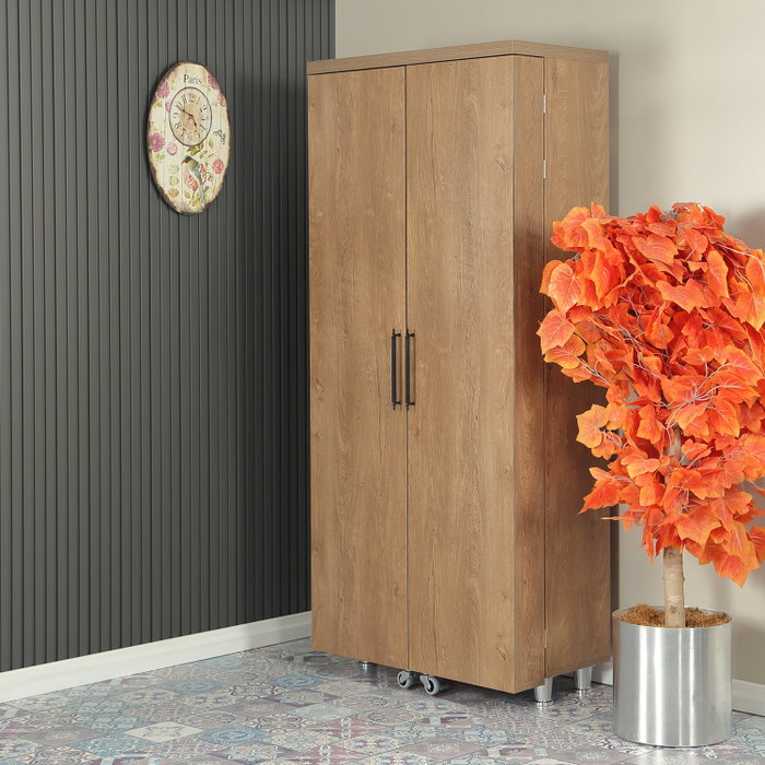 Hanah Home Guzzo Armario Multiusos Roble Oscuro, Mueble de Almacenamiento con Estantes, Ruedas y Fijación a Pared, 80x180x42 cm
