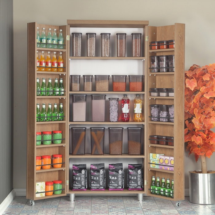 Hanah Home Guzzo Armario Multiusos Roble Oscuro, Mueble de Almacenamiento con Estantes, Ruedas y Fijación a Pared, 80x180x42 cm