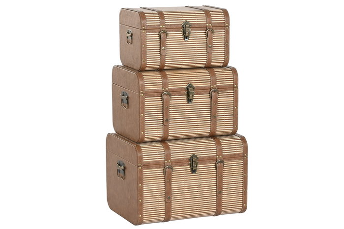DKD Home Decor Set de 3 Baúles de PU y Bambú Marrón