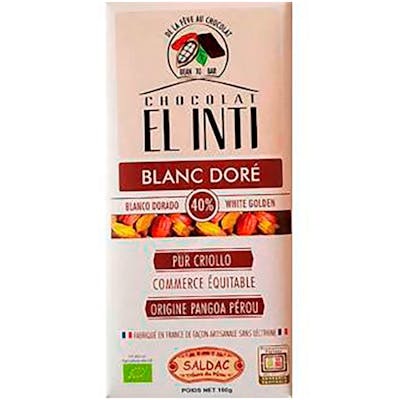 SALDAC Chocolate Blanco Dorado 40% Cacao Eco, Vegano y Sin Gluten, 100g