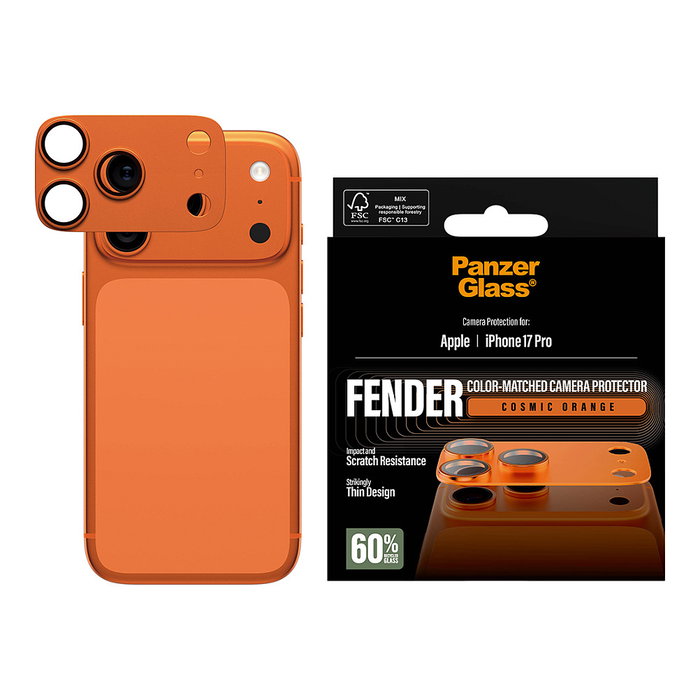PanzerGlass Protector de Cámara Fender Cosmic Orange para iPhone 17 Pro, Resistente a Golpes y Rayones, Aplicación en Seco y Sin Burbujas, Kit de Limpieza Incluido